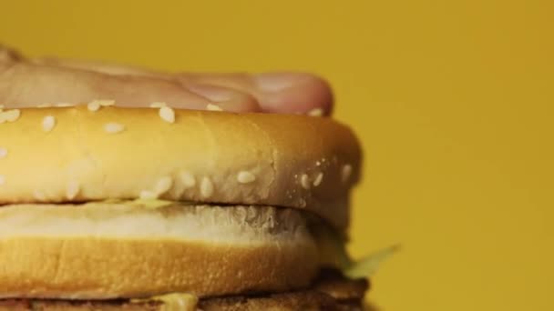 Leckerer Cheeseburger Rotiert Auf Teller — Stockvideo