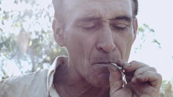 Στενή Άποψη Ώριμου Άνδρα Καπνίζει Χειροποίητο Τσιγάρο — Αρχείο Βίντεο