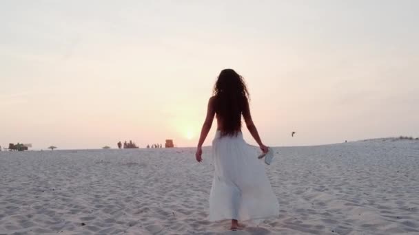 长发卷曲的女人穿着比基尼在夏天的海滩上享受时光 — 图库视频影像