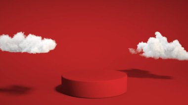 Kırmızı arka planda bulutlu kırmızı podyum. Ürün tezgahı. Ürününüzü yerleştirin. Xmas. Noel tanıtımı. Sevgililer Günü Terfi. 3d oluşturma.