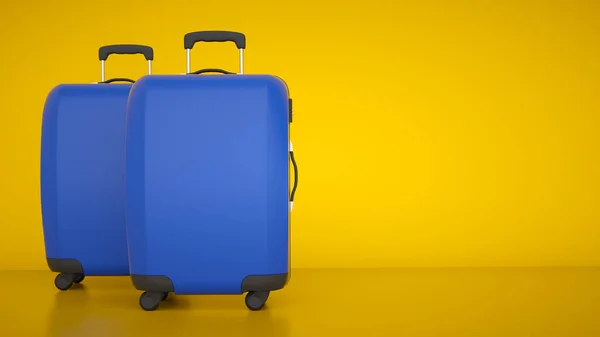 Két Kék Utazótáska Sárga Fényes Háttérrel Renderelés — Stock Fotó