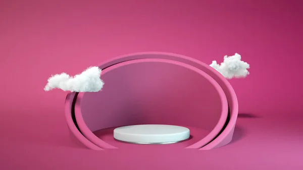 Pink podium with cloud on pink background. Product display stand. Insert your product. 3d rendering.