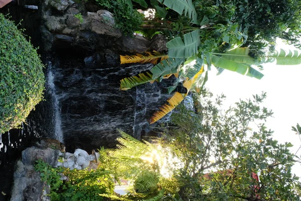 Rzeźba Ogrodowego Krasnala Stoi Obok Sztucznego Wodospadu Tropikalnym Ogrodzie — Zdjęcie stockowe