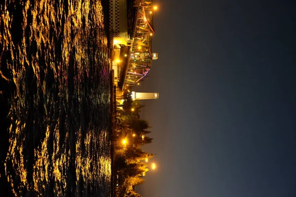 Ponte Sobre Rio Chao Phraya Noite Paisagem Noturna — Fotografia de Stock