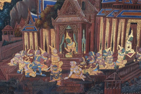 Bangkok Tajlandia Grudnia 2018 Malowidła Ścienne Świątyni Buddyjskiej Przedstawiające Sceny — Zdjęcie stockowe