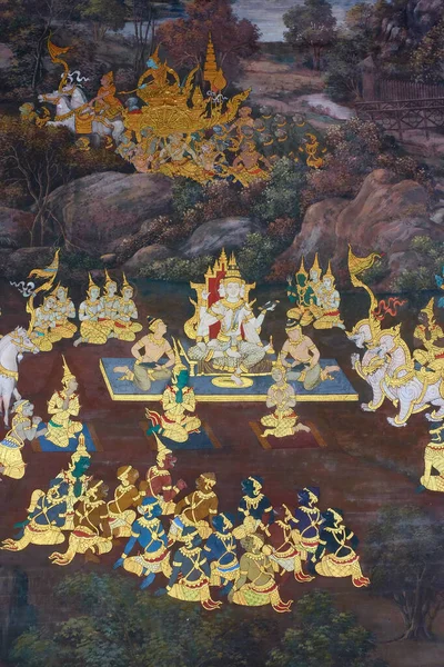 2018年12月27日 泰国曼谷 一幅描绘宫廷生活场景的佛寺壁画 Ramayana的古代图解 — 图库照片