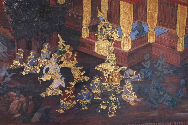 2018年12月27日 泰国曼谷 一幅描绘宫廷生活场景的佛寺壁画 Ramayana的古代图解 — 图库照片