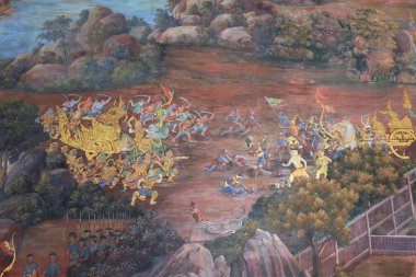 Bangkok, Tayland, 27 Aralık 2018. Ramayana 'daki savaş sahnelerini tasvir eden antik bir Budist manastırından resimler..