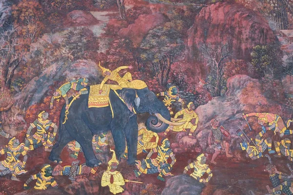 Bangkok Tajlandia Grudnia 2018 Malowidła Ścienne Walczącego Słonia Świątyni Szmaragdowego — Zdjęcie stockowe
