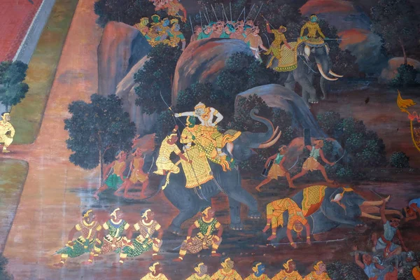 Bangkok Thailand December 2018 Wall Paintings Fighting Elephant Temple Emerald — 스톡 사진