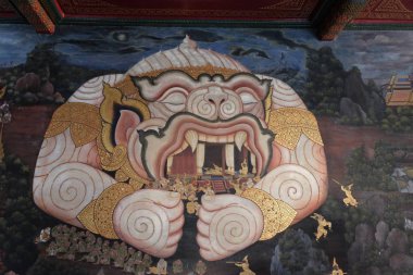 Bangkok, Tayland, 27 Aralık 2018. İnsanları yiyen bir canavarı resmeden klasik bir duvar. Ramayana illüstrasyonu.