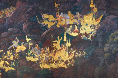 Bangkok, Tayland, 27 Aralık 2018. Ramayana 'daki savaş sahnelerini tasvir eden antik bir Budist manastırından resimler..