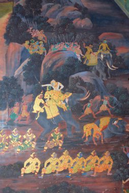 Bangkok, Tayland, 27 Aralık 2018. Zümrüt Buda Tapınağı 'ndan savaşan bir filin duvar resimleri..