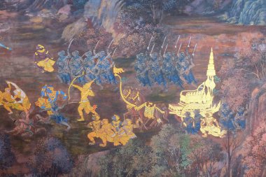 Bangkok, Tayland, 27 Aralık 2018. Ramayana 'daki savaş sahnelerini tasvir eden antik bir Budist manastırından resimler..