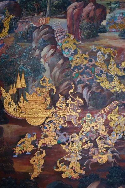 Bangkok Tajlandia Grudnia 2018 Rysunki Starożytnego Klasztoru Buddyjskiego Przedstawiające Sceny — Zdjęcie stockowe
