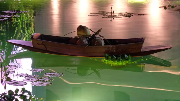 Yeşil Bir Göletin Içinde Küçük Bir Dekoratif Tekne — Stok fotoğraf