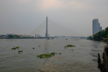 Nehir yolcu gemisi Chao Phraya Nehri 'nde yüzüyor. Bangkok 'taki nehrin üzerindeki köprü..
