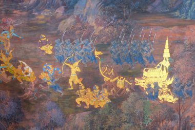 Bangkok, Tayland, 27 Aralık 2018. Ramayana 'daki savaş sahnelerini tasvir eden antik bir Budist manastırından resimler..