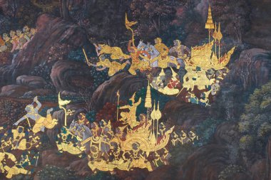 Bangkok, Tayland, 27 Aralık 2018. Ramayana 'daki savaş sahnelerini tasvir eden antik bir Budist manastırından resimler..