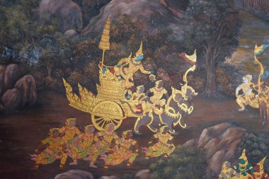 Bangkok, Tayland, 27 Aralık 2018. Ramayana 'daki savaş sahnelerini tasvir eden antik bir Budist manastırından resimler..