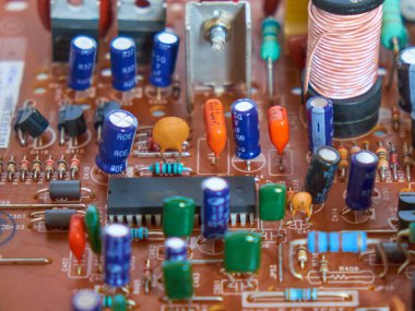 Chernihiv bölgesi, Ukrayna, 25 Nisan 2019. Eski yazdırılmış devre kartı.