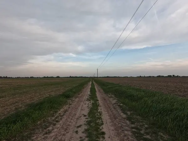 Smutsig Väg Bland Fälten Landsväg Sträcker Sig Avståndet Mellan Fälten — Stockfoto