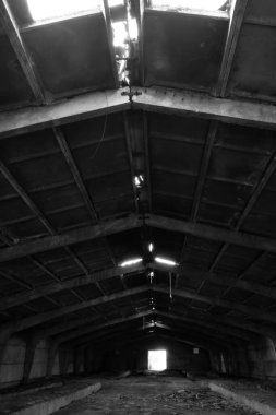 Terk edilmiş sanayi binası. Büyük boş bir ahır. Eski çiftlik hayvanları çiftliği.