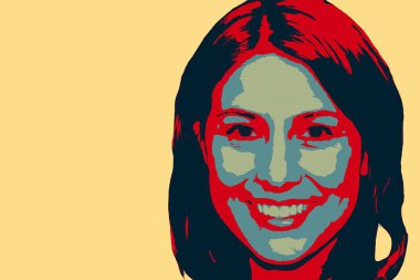 Güzel beyaz tenli kız gülümsüyor. Bej arka planda bir kadının portresi. Pop sanatı tarzında bir poster. Afişler, afişler, arka planlar. Boşluğu kopyala.