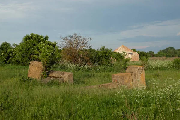 Ruínas Betão Local Complexo Agrícola Abandonado Ruínas Cobertas Erva Paisagem — Fotografia de Stock