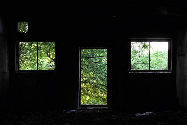 Duas Janelas Partidas Uma Porta Vazia Parede Edifício Abandonado — Fotografia de Stock