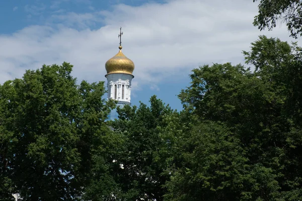 The dome of the Orthodox church over the trees. Golden dome against the blue sky.