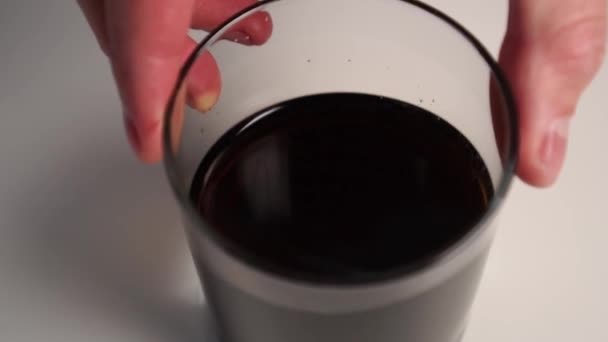Hand Swinging Cola Glass White Table Slow Motion Close Unhealthy — Stock Video