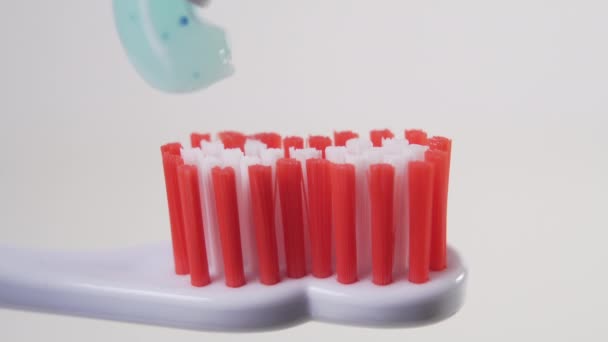 蓝色牙膏的特写盖住了塑料牙刷的红色刷毛 宏观视频 使用有机物剂治疗牙齿感染 — 图库视频影像