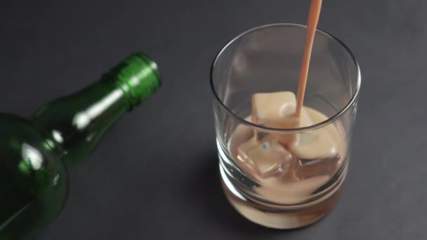 Irish Cream Liqueur Poured Glass Ice Cubes Empty Green Bottle — Stock Video