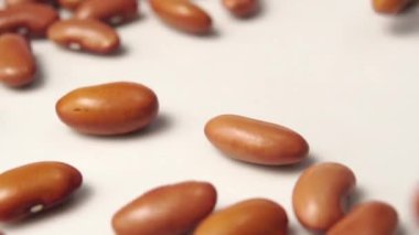 Kırmızı Böbrek Fasulyesi beyaz bir yüzeye düşer. Kahverengi tohumlar Makro atış. Yavaş çekim