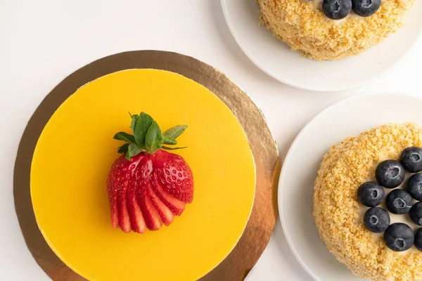 Layer Mango Cake Strawberries Muffins Blueberries Homemade Baking Golden Cardboard — Stock Photo, Image