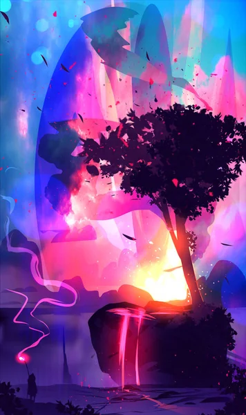 Künstlerische digitale Farbwiedergabe Illustration eines Assistenten, der Macht von einem Baum abzieht, als einzigartiger Kunstwerk-Hintergrund — Stockbild Künstlerische Darstellung eines Zauberers, der die Macht aus der Hand gibt — Stockfoto