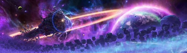 Artistic 3d rendering illustration of an alien spaceship in an asteroids scene.