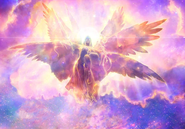 Abstract 3d rendering illustration of an powerful angel with wings flying over to heaven