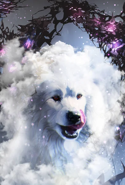 Abstract 3d illustration of a painting of a dog in a standing in clouds