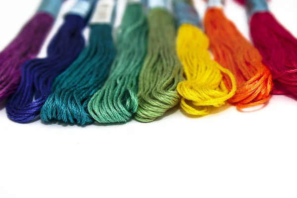 Colored Threads Embroidery Seven Colors Rainbow Lie Row White Background — Stock Photo, Image