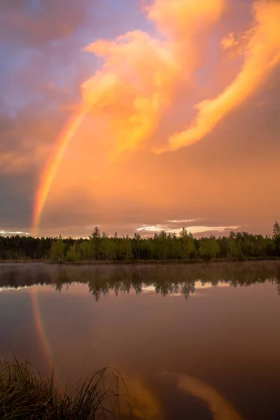 Paisaje de verano, un arco iris a la luz del atardecer sobre el lago — Foto de Stock