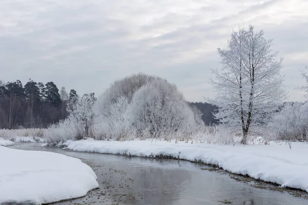 Der schneebedeckte Fluss Pekorka lizenzfreie Stockfotos