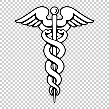 Caduceus, şeffaf arka planda izole edilmiş bir tıp sembolü. Sağlık simgesi (Asclepius Çubuğu) vektör illüstrasyonu.