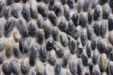 Taş duvar dokusu, küçük yuvarlak ve oval taşlardan yapılmış yol.