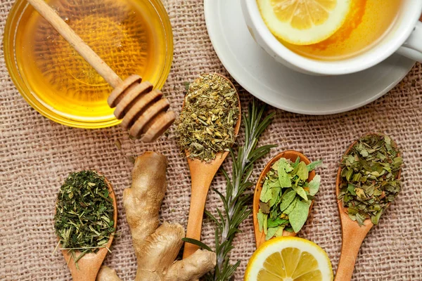 Close up of tea herbs in wooden spoon with ginger tea and honey — Stock Photo, Image