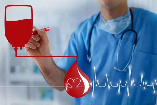 Пакет крови, капля крови и пульс сердца, концепция переливания — стоковое фото