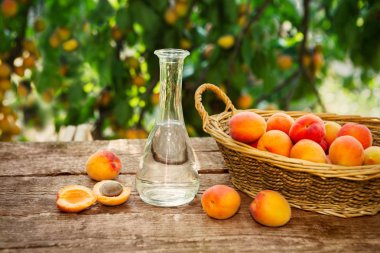 Bir şişe ve taze kayısı meyveli brendi