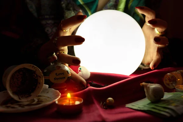 Gypsy woman put her hands around crystal ball — Stock Photo, Image