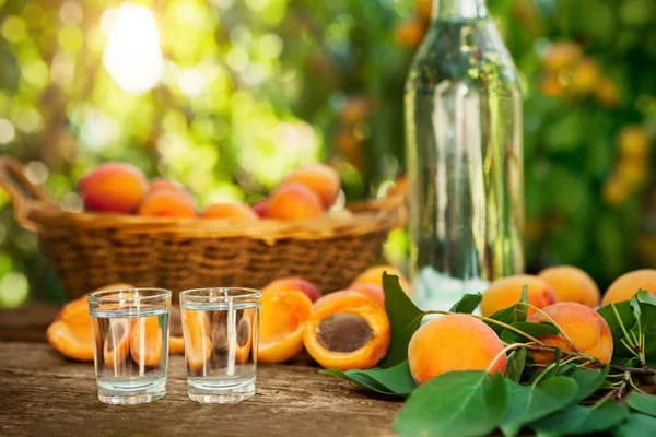 Snapsglas med frukt brandy på bord — Stockfoto